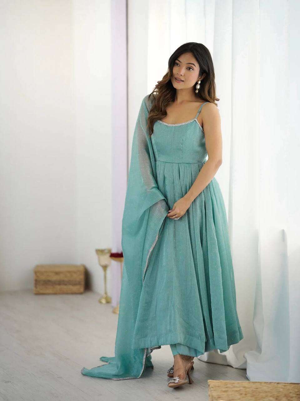Womens Crunchy Silk Anarkali Kurti with Pant & Dupatta Set - Image 2